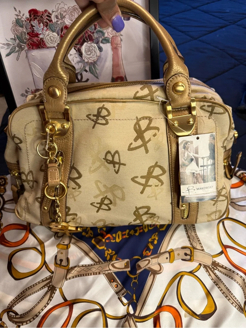B. Makowsky  Beige Logo Satchel with Gold Accents